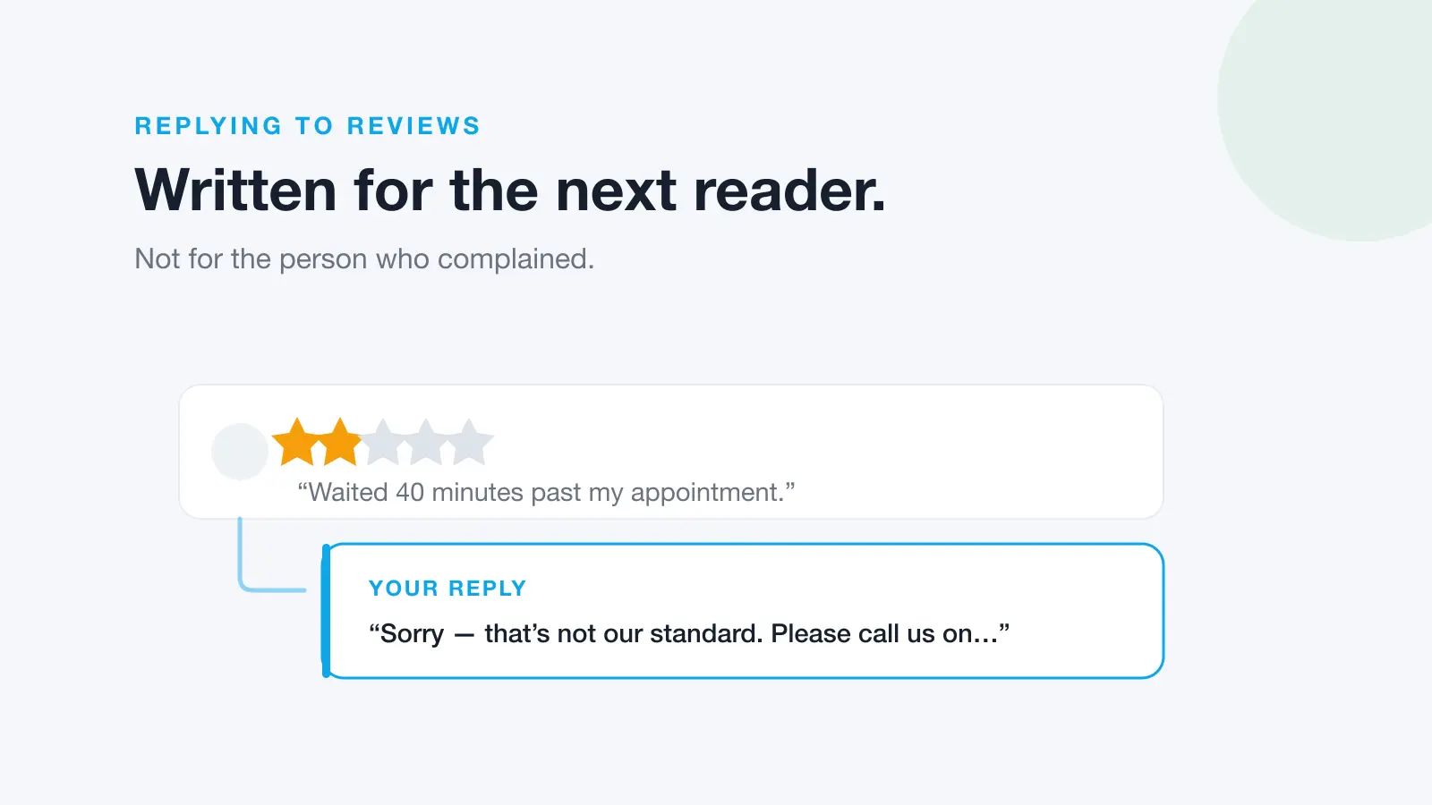 A one-star review card with a business reply threaded beneath it