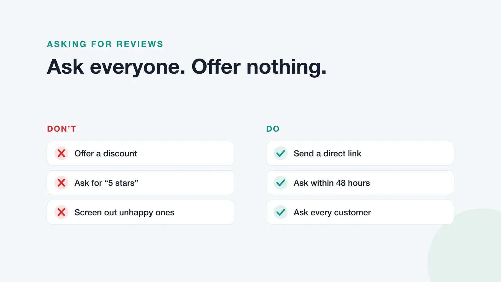 Do and don’t columns for requesting Google reviews