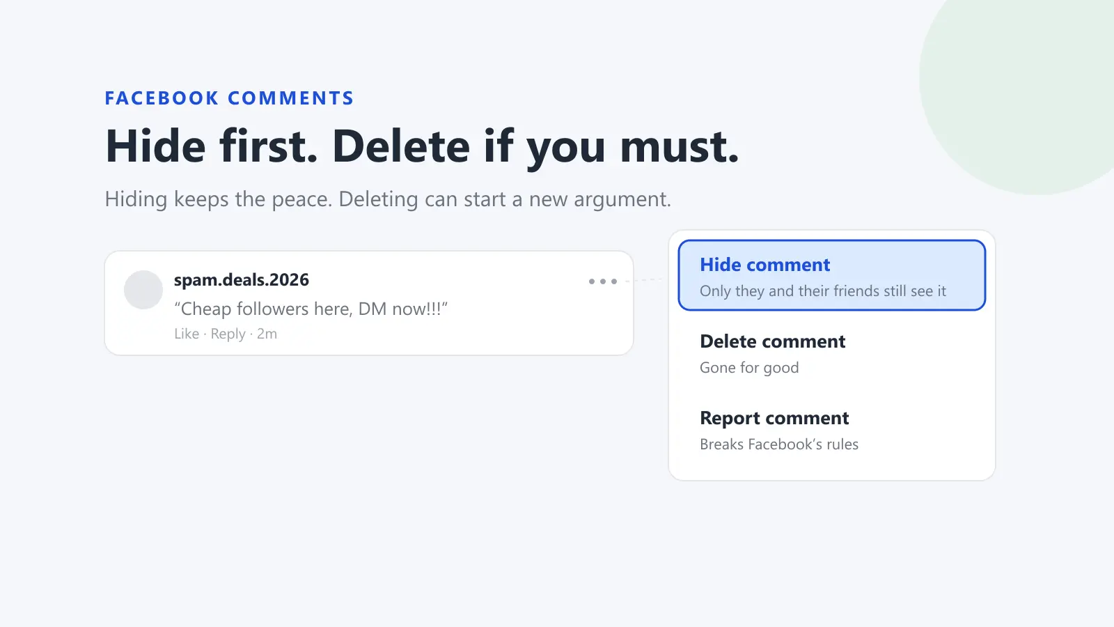 A spam comment on a Facebook Page with the comment menu open and Hide comment highlighted above Delete and Report