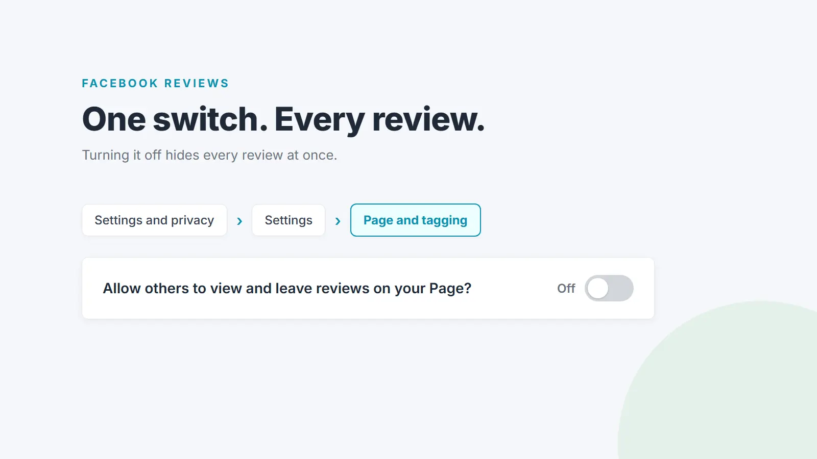 Facebook settings path Settings and privacy, Settings, Page and tagging, with the reviews toggle switched off